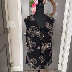 Black White House Black Market Lace-Up Shell Top with Metallic Shell Print